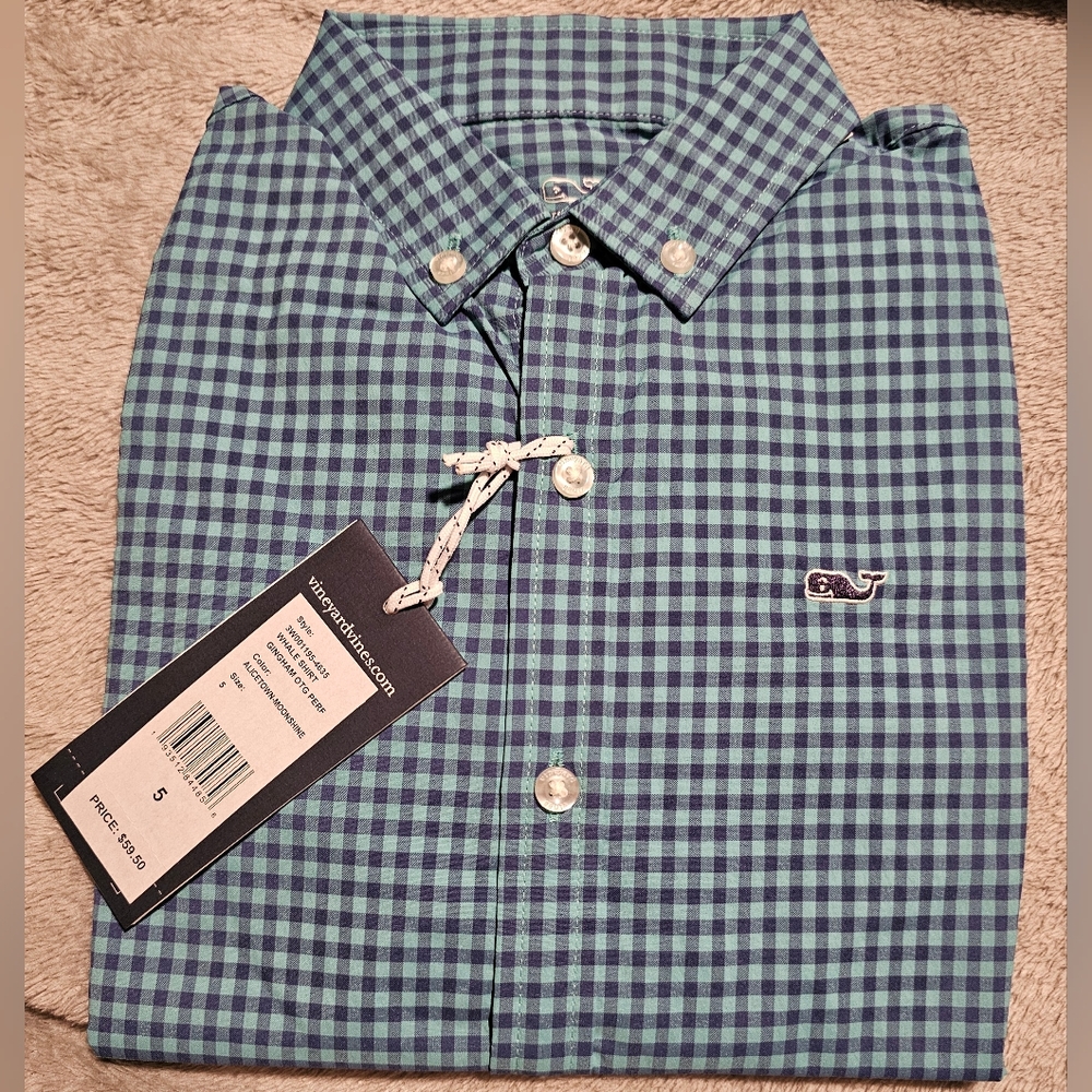 Vineyard Vines Shirt Blue Green Button-Down Gingham Performance Boy's Size 5 NEW